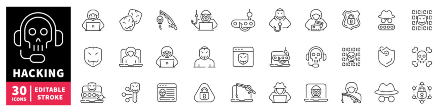 Cybersecurity and hacking icons collection with skull and mask motifs