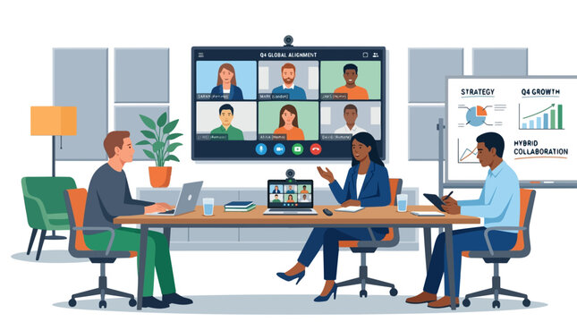 A vector illustration of a business team in a meeting with a virtual remote team on a large screen