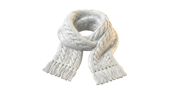 a warm white knitted cable knit scarf with fringe isolated on transparent background