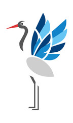 Obraz premium A graceful crane in a standing pose with stylized wings and abstract feather patterns isolated on white. Minimalist design concept