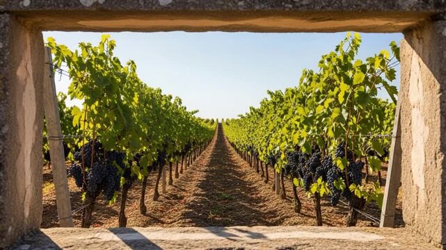 Vineyard view through stone window frame, symmetrical rows of red wine grapes in summer, agricultural landscape concept for wine production