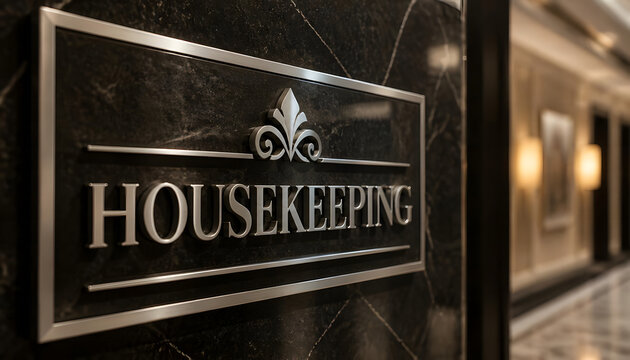 Elegant black marble plaque with silver metallic text Housekeeping in a luxury hotel corridor