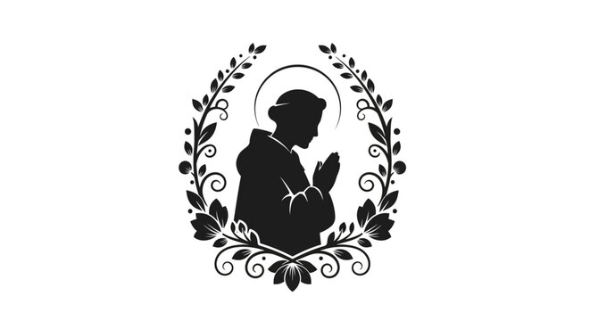 Silhouette of a praying saint or monk surrounded by a decorative floral wreath.
