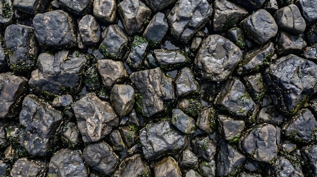 Wet jetty rock formation with green algae texture
