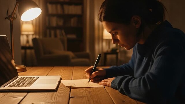 Young woman writing on paper at desk late at night with laptop, focused student studying or creative professional working remotely in home office