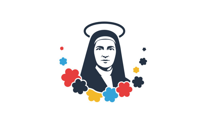 Stylized Illustration of Saint Mother Teresa with Colorful Floral Elements.