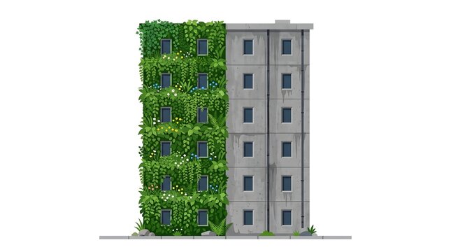 Modern eco friendly building illustration with green vertical garden wall and concrete facade