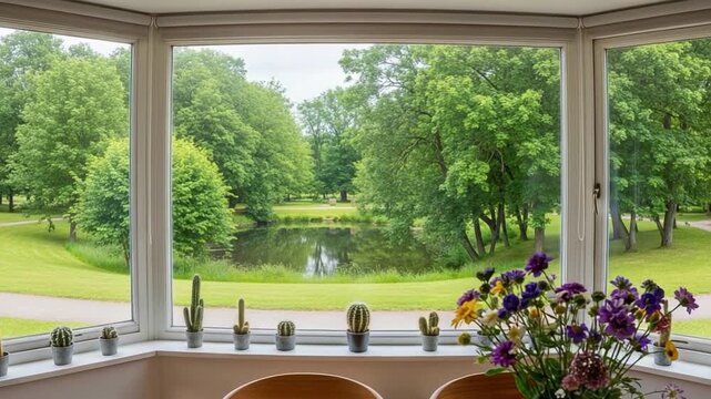 Peaceful bay window view of a lush green park with a pond, featuring a collection of small potted cacti and a fresh flower bouquet on the windowsill, perfect for interior design concepts