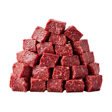 Fresh raw beef cubes stacked in pyramid shape for cooking ingredients isolated on transparent background for food preparation.