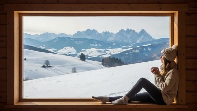 Young woman sitting in wooden window frame holding mug looking at snowy mountain landscape winter vacation cozy lifestyle concept