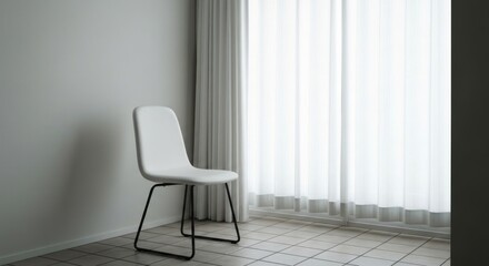 Fototapeta premium Minimalist room with a white chair and sheer curtains