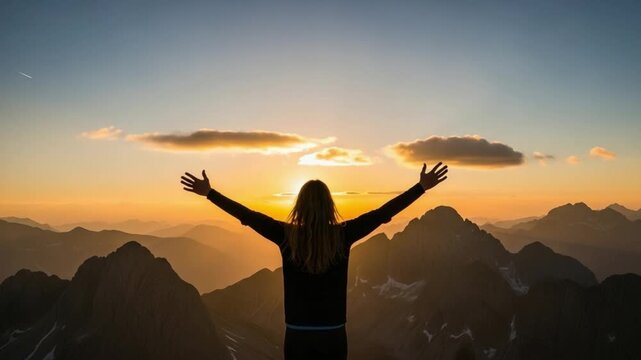 Young woman standing on mountain peak with arms outstretched at sunset, concept of freedom, success, achievement, and mindfulness
