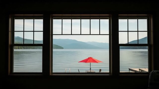 Serene Lake View Through Window with Red Umbrella for Vacation Rental Marketing and Travel Concept Photography