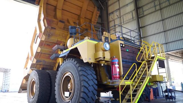 Heavy Diesel Mechanics Repairing Large Mining Haul Truck in Workshop CATERPILLAR CAT Heavy Duty Fitter, HD Fitter, Mine Mechanic, Mining, Haul Truck engine