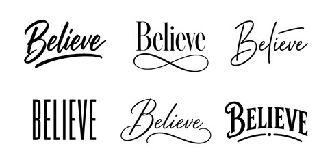 Collection of diverse "Believe" typography designs in various artistic styles © Compositor 