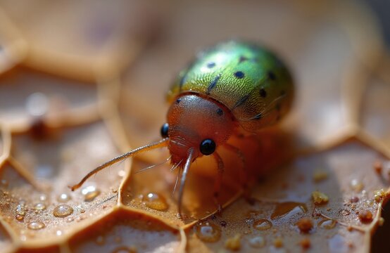 Extreme macro close up of colorful globular springtail insect on wet leaf surface. Small hexapod shows detail of shiny green iridescent body with dark spots. Tiny creature walks over water droplets