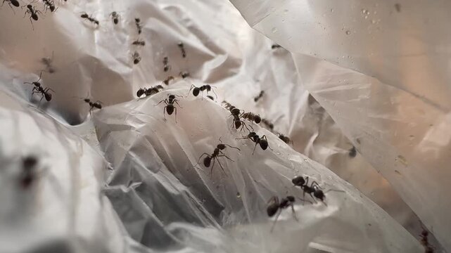 Trail of Black Ants on Crumpled Plastic Packaging, Macro view of a line of black ants walking along the sharp folds and ridges of a crumpled clear plastic bag, demonstrating their natural trailing