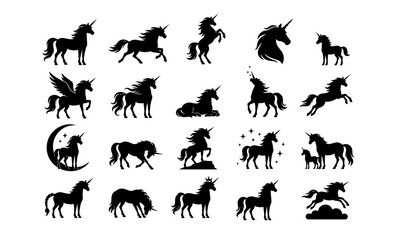 Fototapeta premium Black unicorn and fantasy horse silhouette set