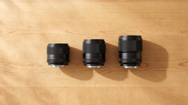 Set of three professional prime camera lenses representing 35mm, 50mm, and 85mm on a wooden table with organic shadow play. Minimalist photography gear layout with large copy space.