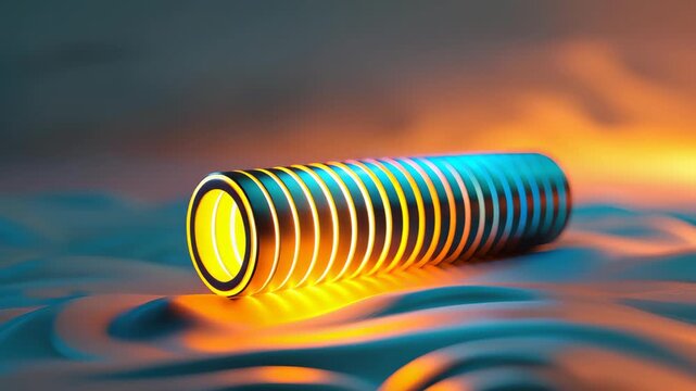 Futuristic Energy Cell: A glowing, cylindrical energy cell with intricate metallic ridges sits on a rippling, abstract surface, bathed in warm orange and cool blue light.