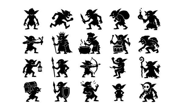 Black goblin and fantasy warrior silhouette set