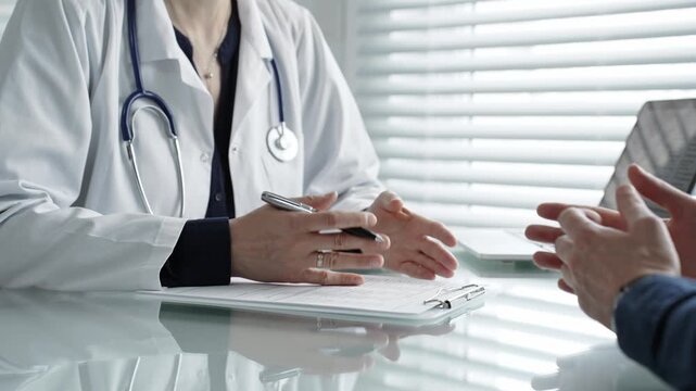 Doctor writing medical notes during a healthcare consultation, providing patient care, discussing diagnosis and treatment plan in a clinic office setting