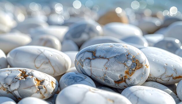 Smooth white stones on beach shore.
