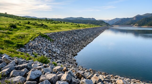Large jetty rock embankment lining a peaceful reservoir lake
