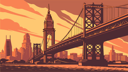 Naklejka premium Philadelphia city skyline and suspension bridge at sunset