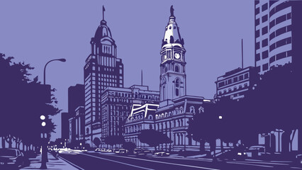 Obraz premium Philadelphia city hall and urban skyline in monochromatic purple