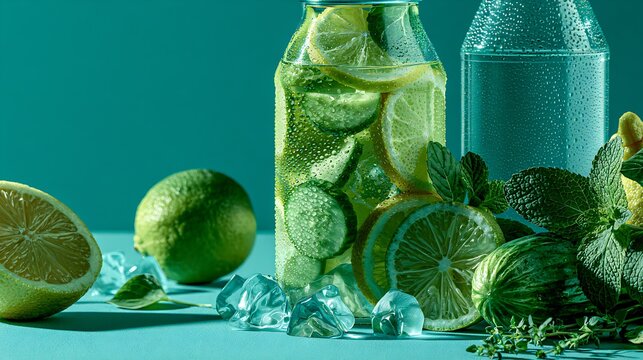 Refreshing Drink Chilled glass bottle of citrus and cucumber infused water with condensation, lime slices, mint and ice
