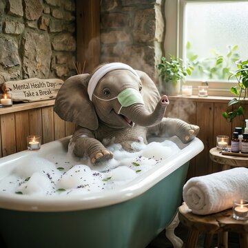 Cute elephant relaxing in bubble bath with face mask, mental health concept