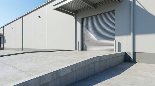 Bright, modern industrial warehouse building exterior with a loading dock and closed roller shutter door, perfectly designed for efficient logistics and storage operations under a clear sky