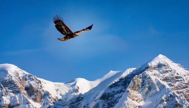 a powerful eagle glides gracefully above rugged snowy mountains under a clear blue sky