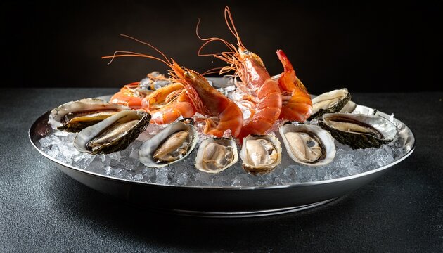 luxurious fresh seafood platter of raw prawns oysters and mussels served on crushed ice