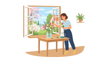 Fototapeta premium Springtime Arrangement: A woman arranges a bouquet of colorful spring flowers in a vase on a table by an open window, with a blooming garden visible outside.