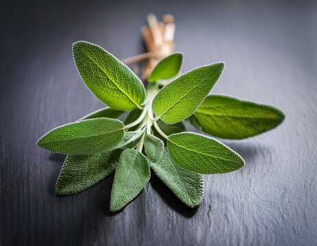 fresh green sage sprig with textured leaves and woody stem aromatic herb ideal for cooking herbal remedies and rustic food styling