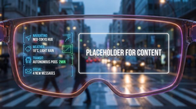 Augmented reality goggles interface showing digital HUD display over a rainy city street at dusk