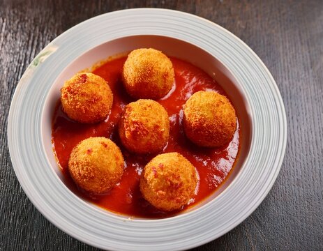 a close up high angle shot of six perfectly fried golden arancini or risotto balls resting in a rich flavorful tomato sauce