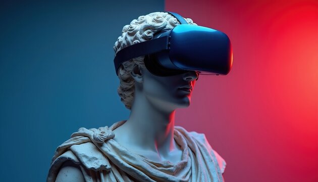 Ancient Greek marble bust wears modern black virtual reality headset. Stone statue head stands against split blue, red background lighting. Contrast between classical art sculpture, futuristic
