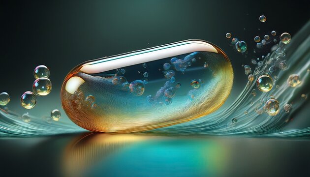 transparent capsule releasing bubbles in ethereal flowing liquid motion