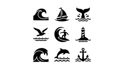 Obraz premium Nautical and Marine Sea Ocean Icons Set. Black and White Glyph Symbols featuring Waves, Sailboat, Whale Tail, Surfer, Lighthouse, Dolphin, Seagull, Anchor.