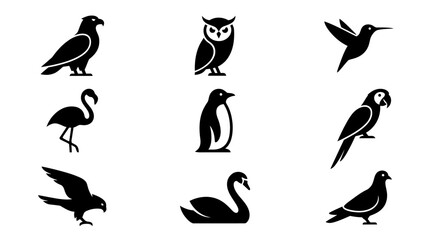Fototapeta premium Avian Wildlife Glyph Icons Set: Black and White Minimalist Bird Silhouettes for Nature Logos and Animal-themed Designs
