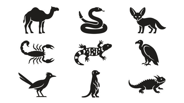 Desert Animals Wildlife Glyph Icons Set. Black and White Silhouettes of Mammals, Reptiles, Birds, and Arachnids for Nature and Ecology Designs.
