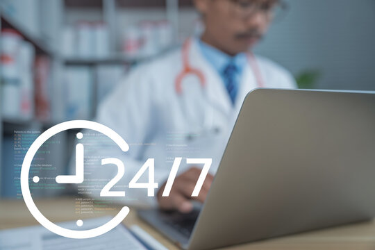 Doctor using smartphone and laptop for 24 7 telemedicine support, online healthcare consultation, medical chat assistance, digital health communication and remote patient care.