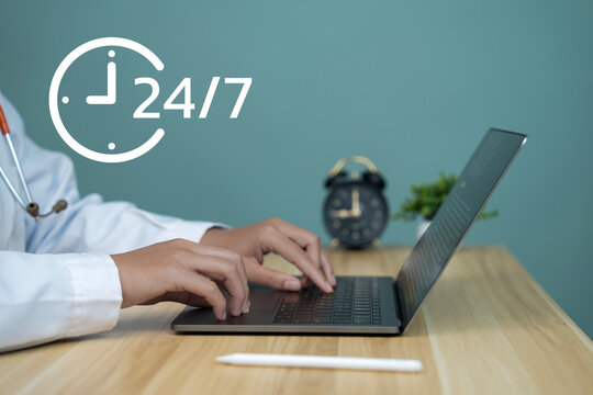 Doctor using smartphone and laptop for 24 7 telemedicine support, online healthcare consultation, medical chat assistance, digital health communication and remote patient care.