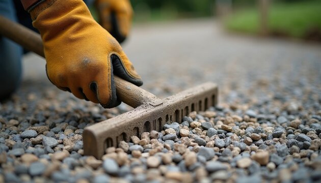 Gloved hand uses rake to spread gravel. Worker levels crushed stone for driveway or pathway construction. Manual labor for landscaping and groundwork.