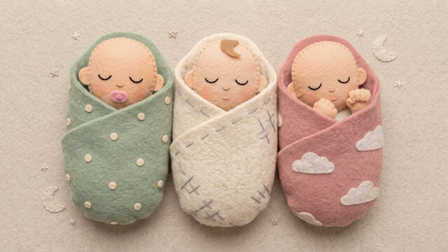 Handcrafted flat lay of three sleeping babies swaddled in green, cream, and pink stitched felt blankets against a beige background with tiny stars.