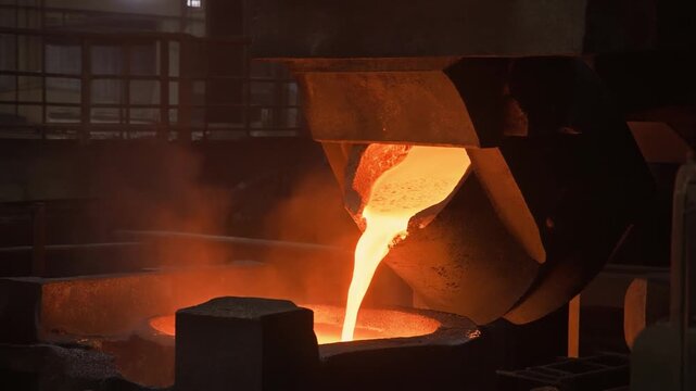 Molten metal pouring into molds during industrial foundry process with glowing orange liquid and smoke