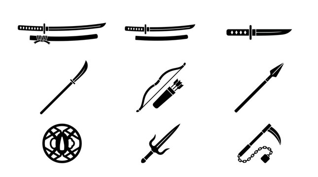 Japanese Traditional Weapons Glyphs Set. Samurai and Ninja Martial Arts Black and White Icons: Katana, Naginata, Bow, Spear, Sai, Kusarigama, and Tsuba.